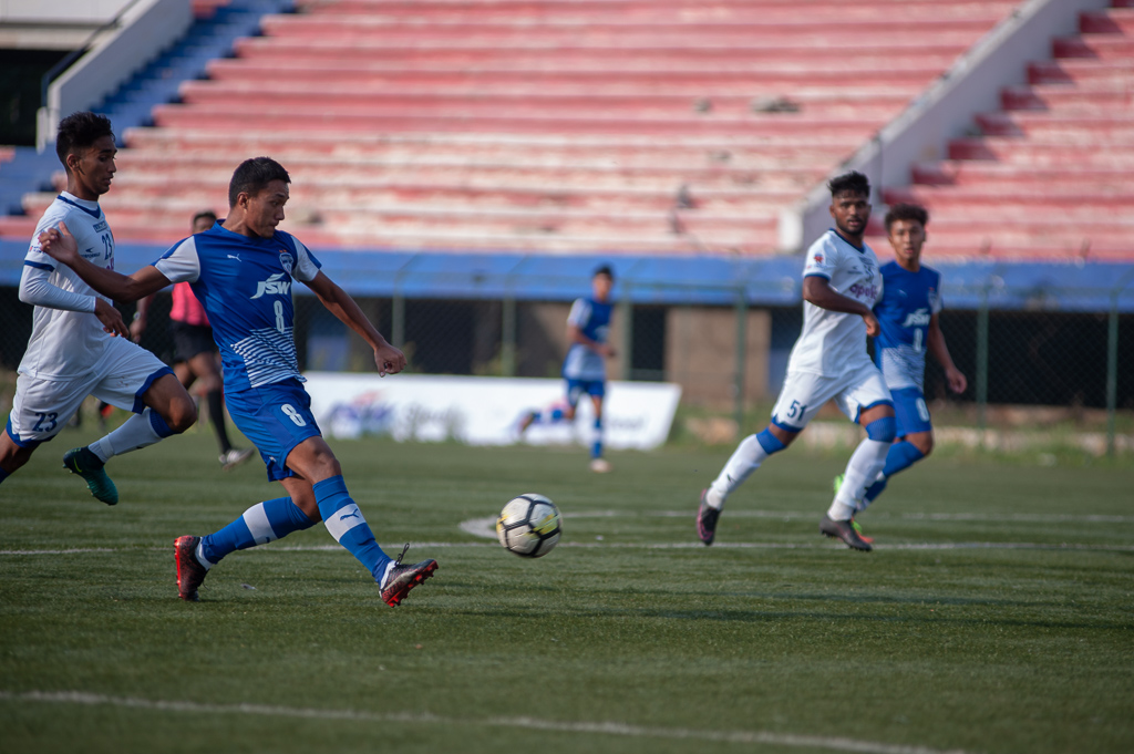 Lalengzama Vangchhia is seen striking the ball. His goal made it 5-0 against the Chennaiyin FC Reserves.