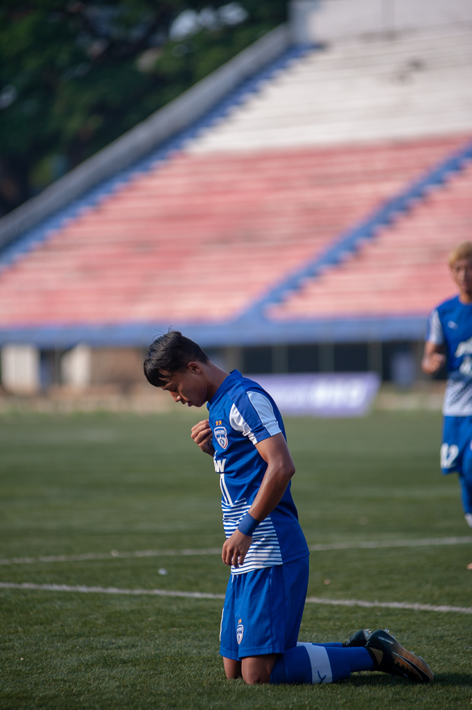 BFC B's Roshan Singh is down on his knees and is making the sign of the cross after scoring against Chennaiyin FC Reserves.